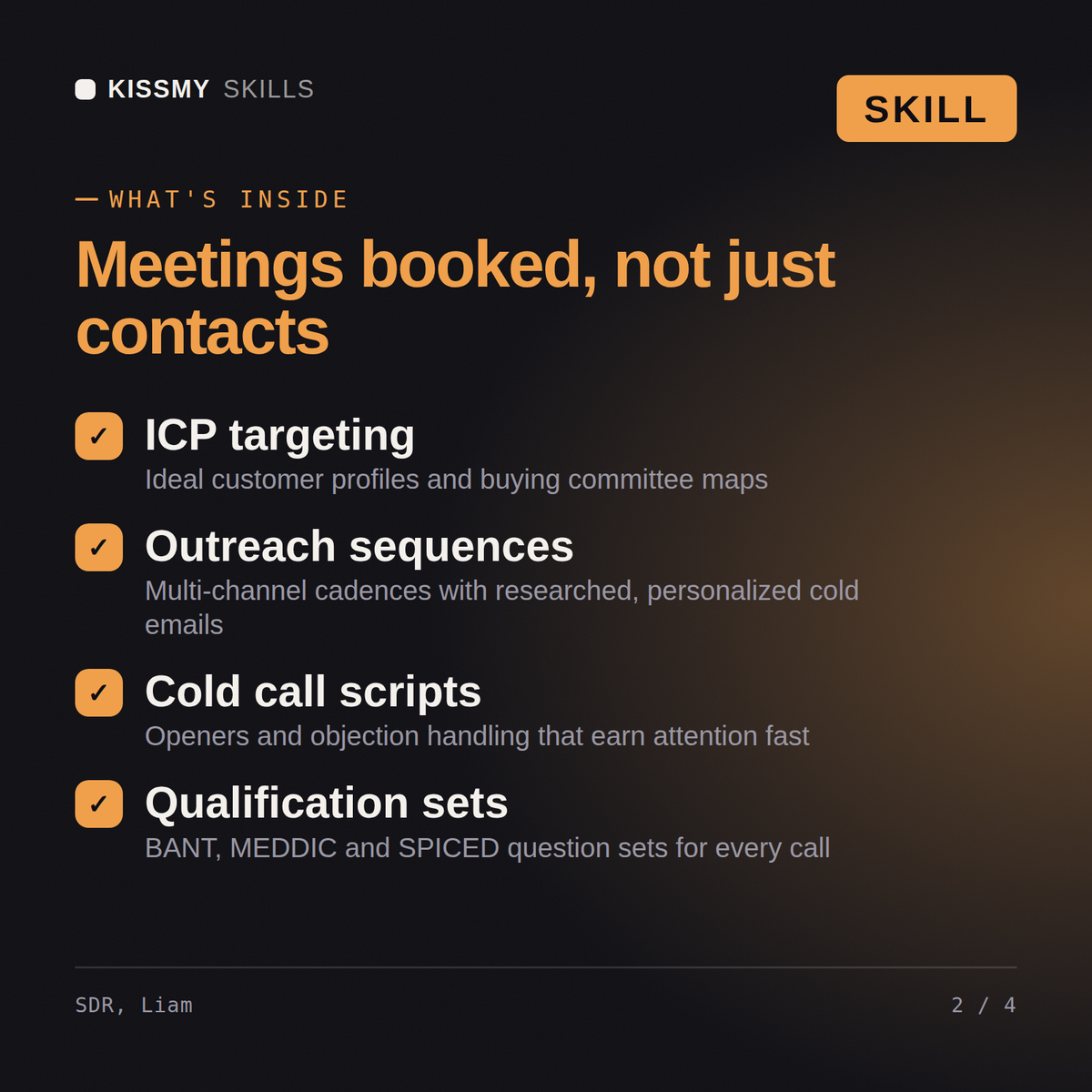 What's inside the SDR, Liam AI skill: ICP targeting, Outreach sequences, Cold call scripts, Qualification sets