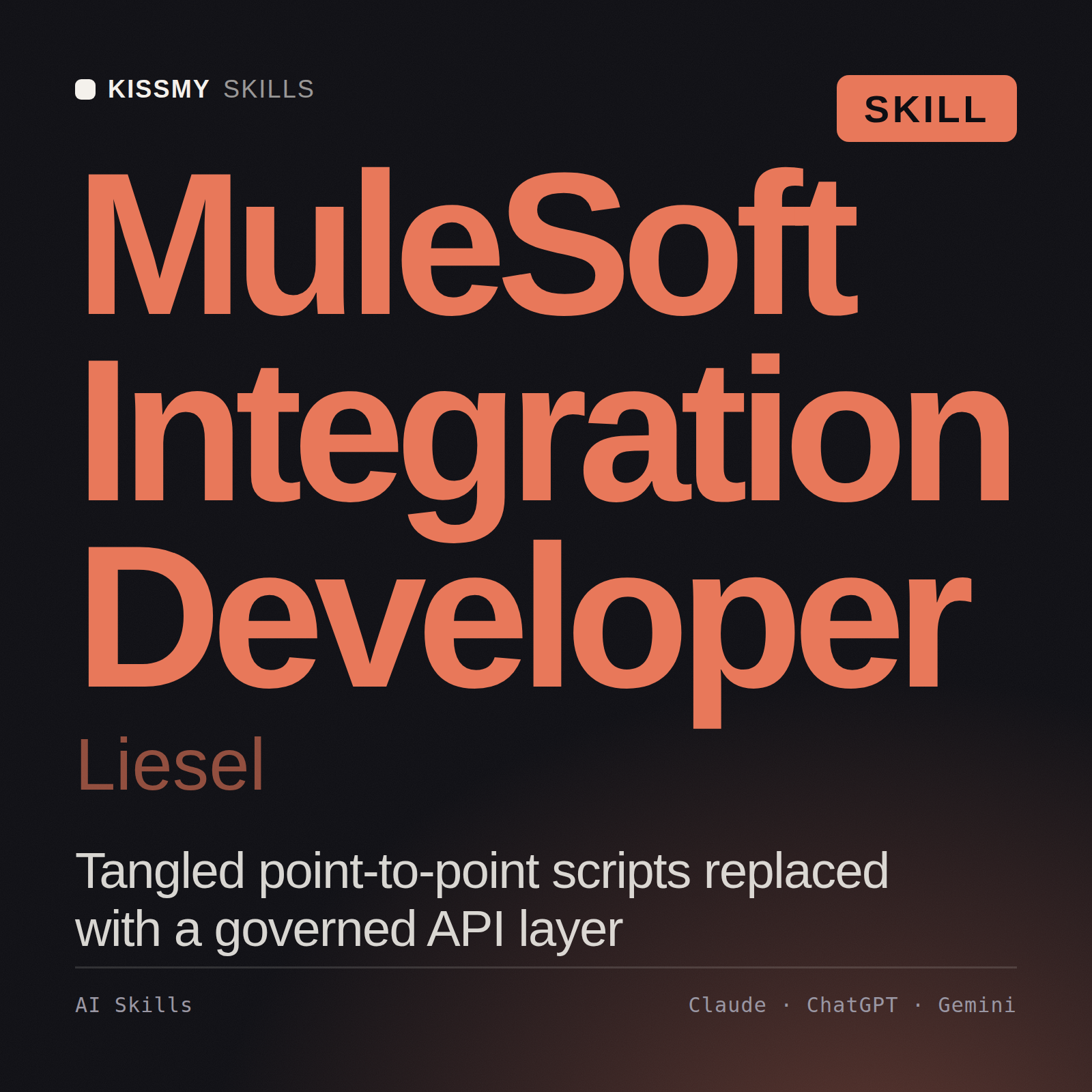 MuleSoft Integration Developer, Liesel AI skill by KissMySkills, cover