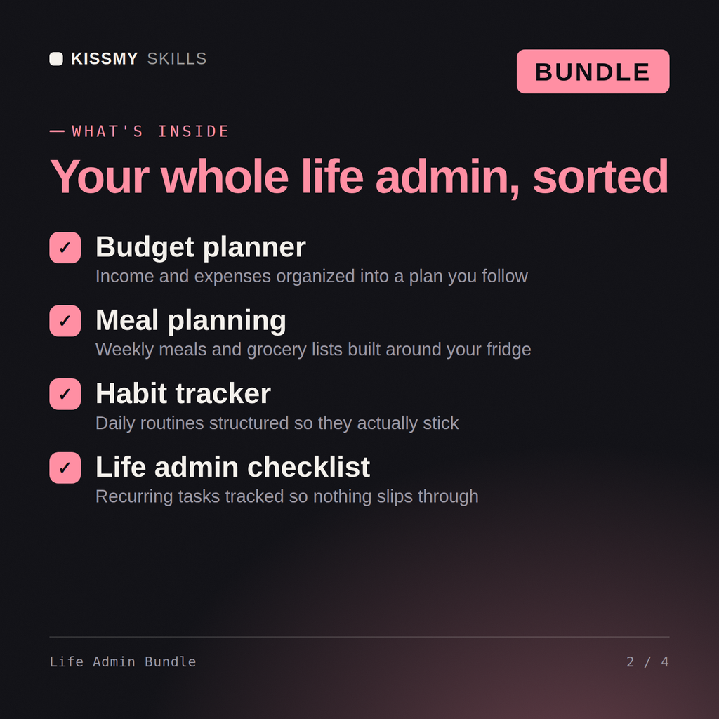 What's inside the Life Admin Bundle AI bundle: Budget planner, Meal planning, Habit tracker, Life admin checklist