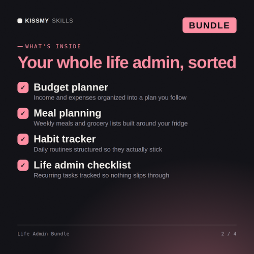 What's inside the Life Admin Bundle AI bundle: Budget planner, Meal planning, Habit tracker, Life admin checklist