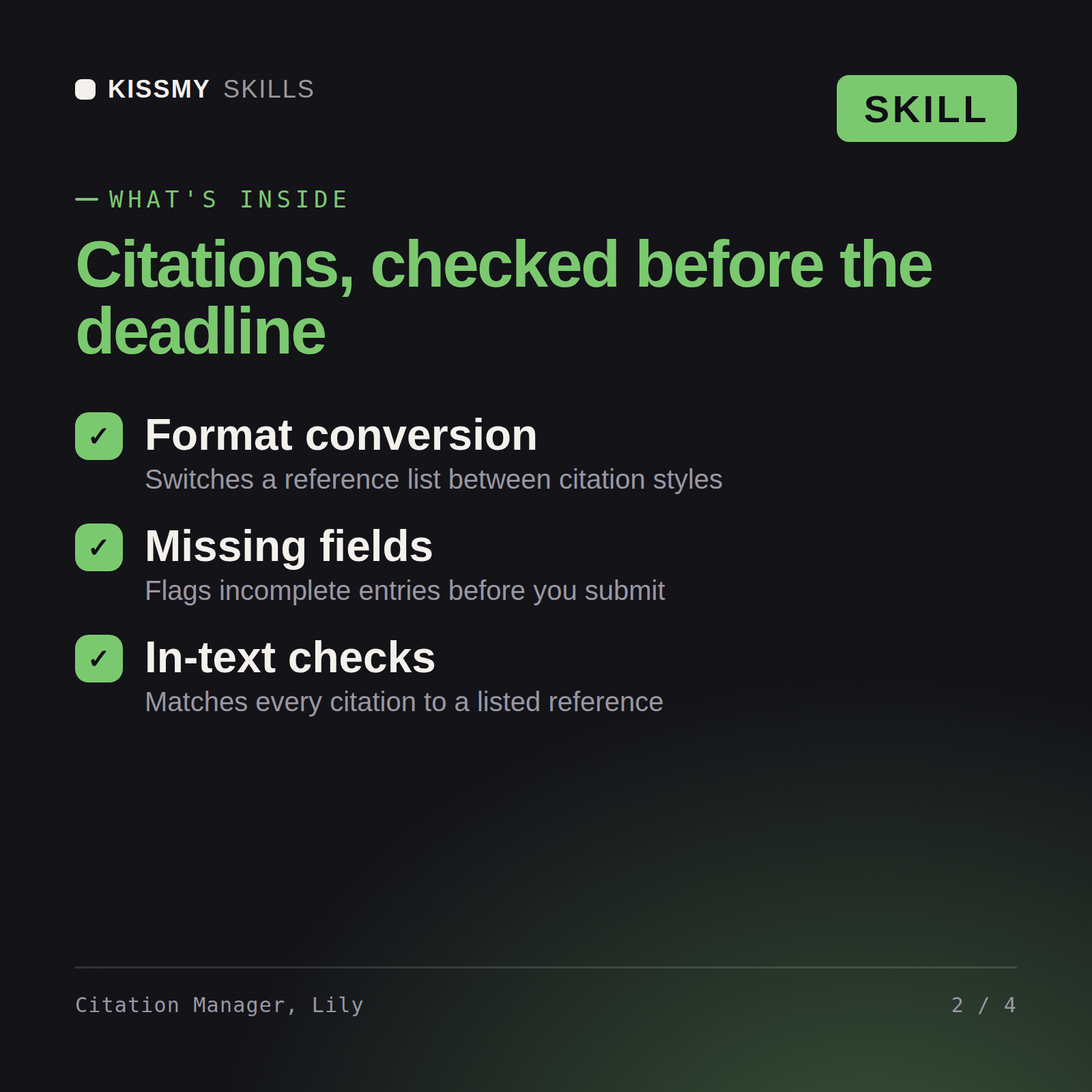 What's inside the Citation Manager, Lily AI skill: Format conversion, Missing fields, In-text checks