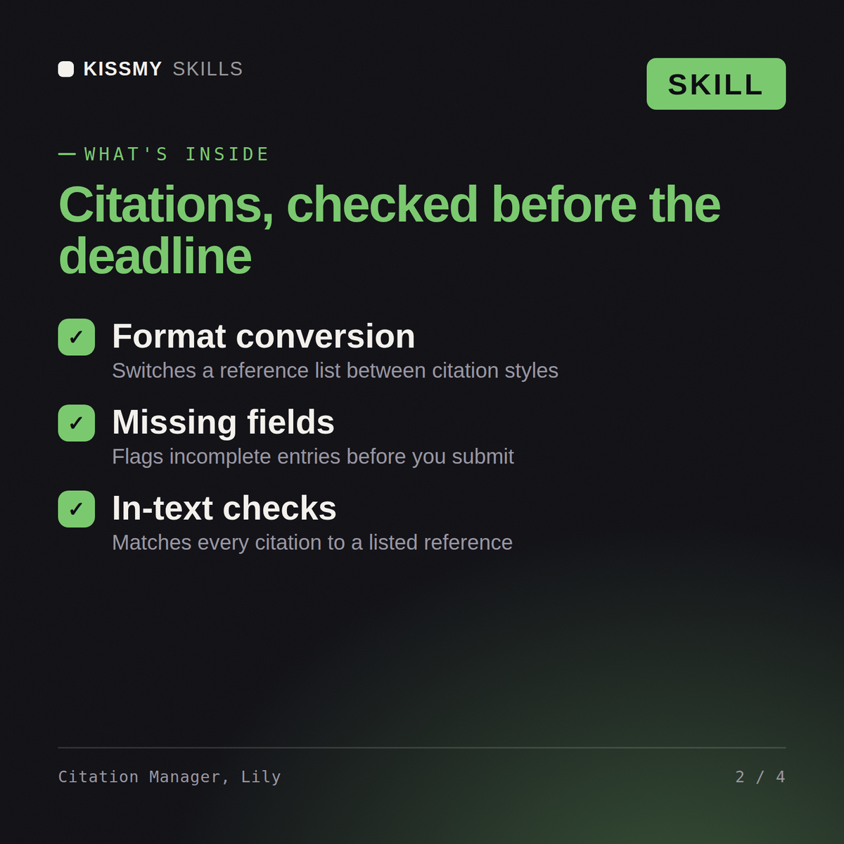 What's inside the Citation Manager, Lily AI skill: Format conversion, Missing fields, In-text checks