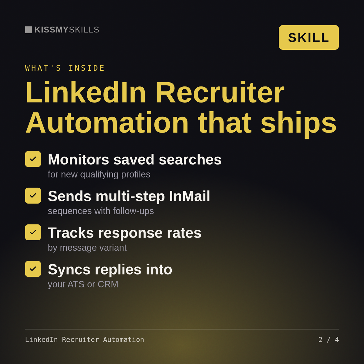 What's inside the LinkedIn Recruiter Automation skill: Monitors saved searches, Sends multi-step InMail, Tracks response rates, Syncs replies into