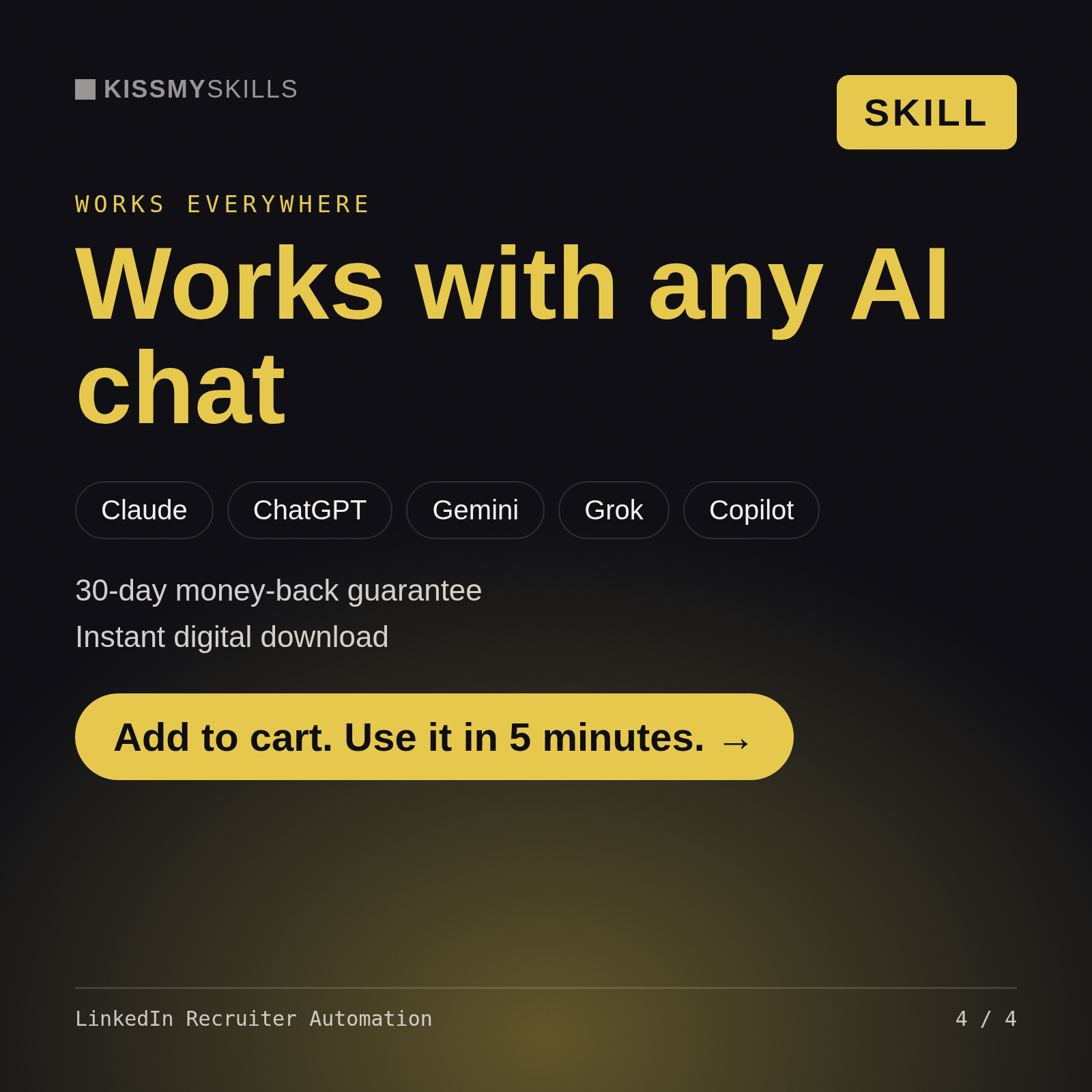 The LinkedIn Recruiter Automation skill works with Claude, ChatGPT, Gemini and any AI chat, 30-day money-back guarantee