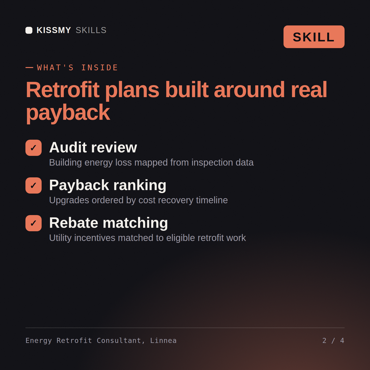 What's inside the Energy Retrofit Consultant, Linnea AI skill: Audit review, Payback ranking, Rebate matching
