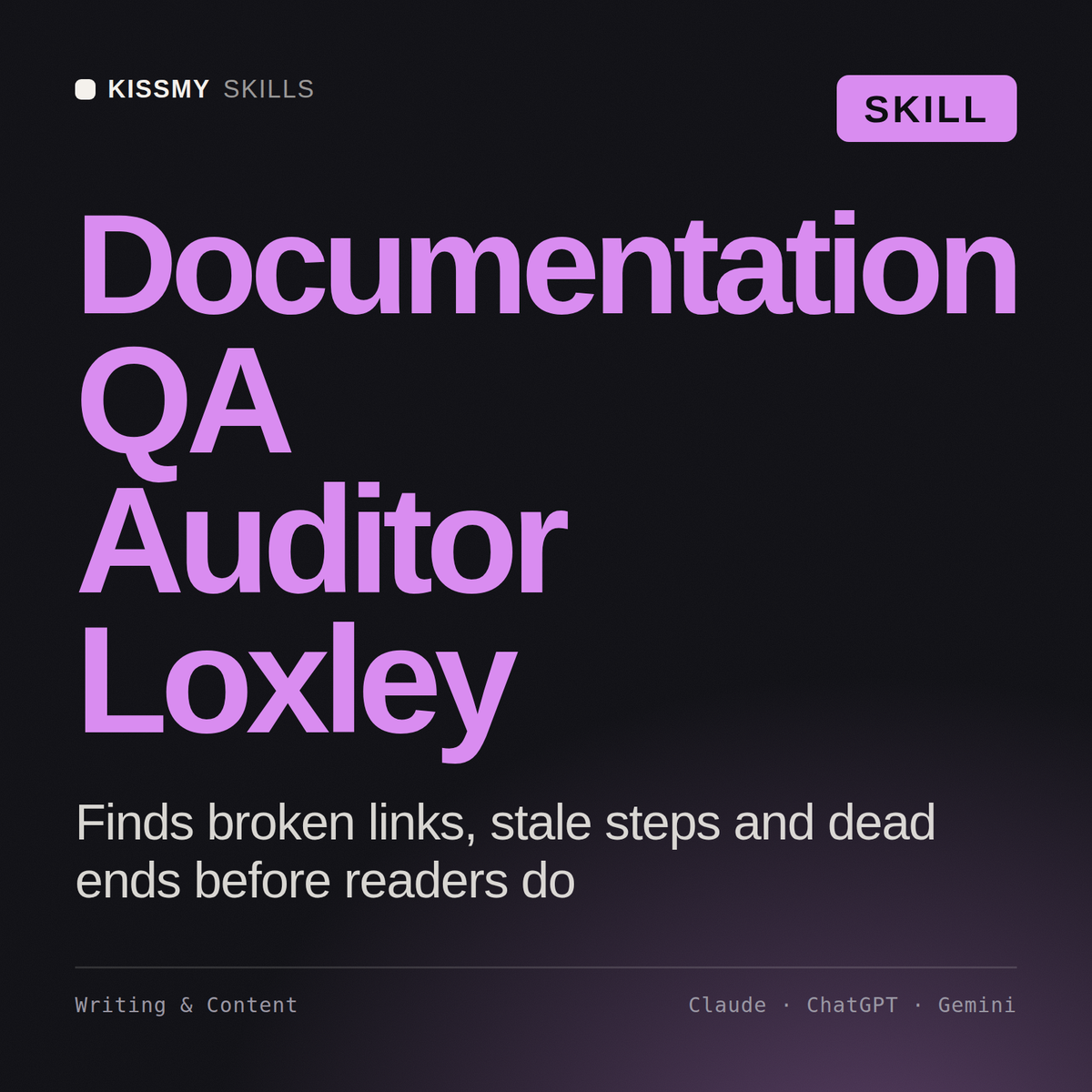 Documentation QA Auditor, Loxley AI skill by KissMySkills, cover