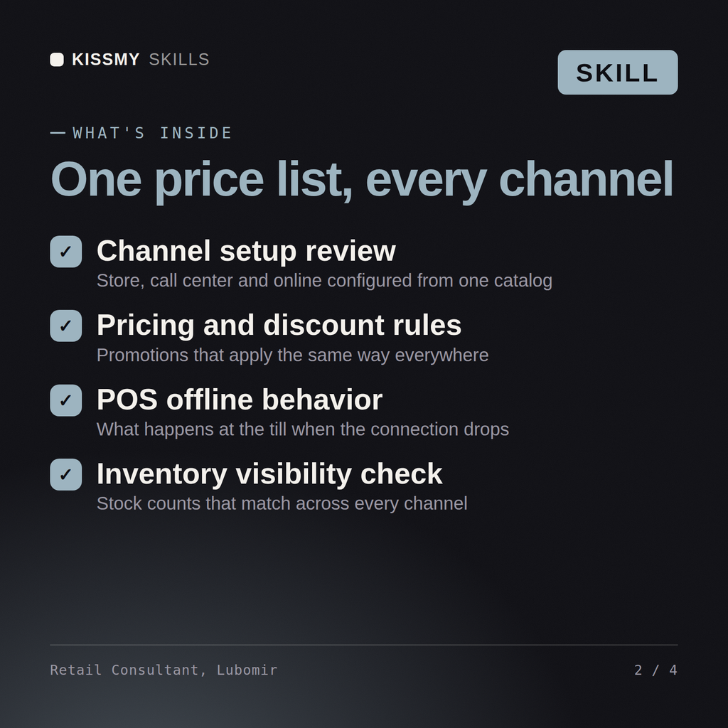 What's inside the Retail Consultant, Lubomir AI skill: Channel setup review, Pricing and discount rules, POS offline behavior, Inventory visibility check