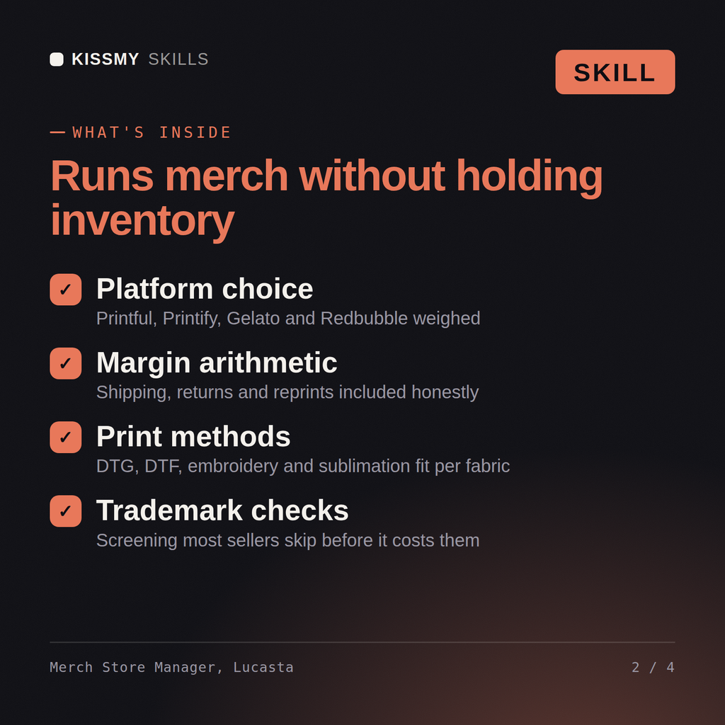 What's inside the Merch Store Manager, Lucasta AI skill: Platform choice, Margin arithmetic, Print methods, Trademark checks