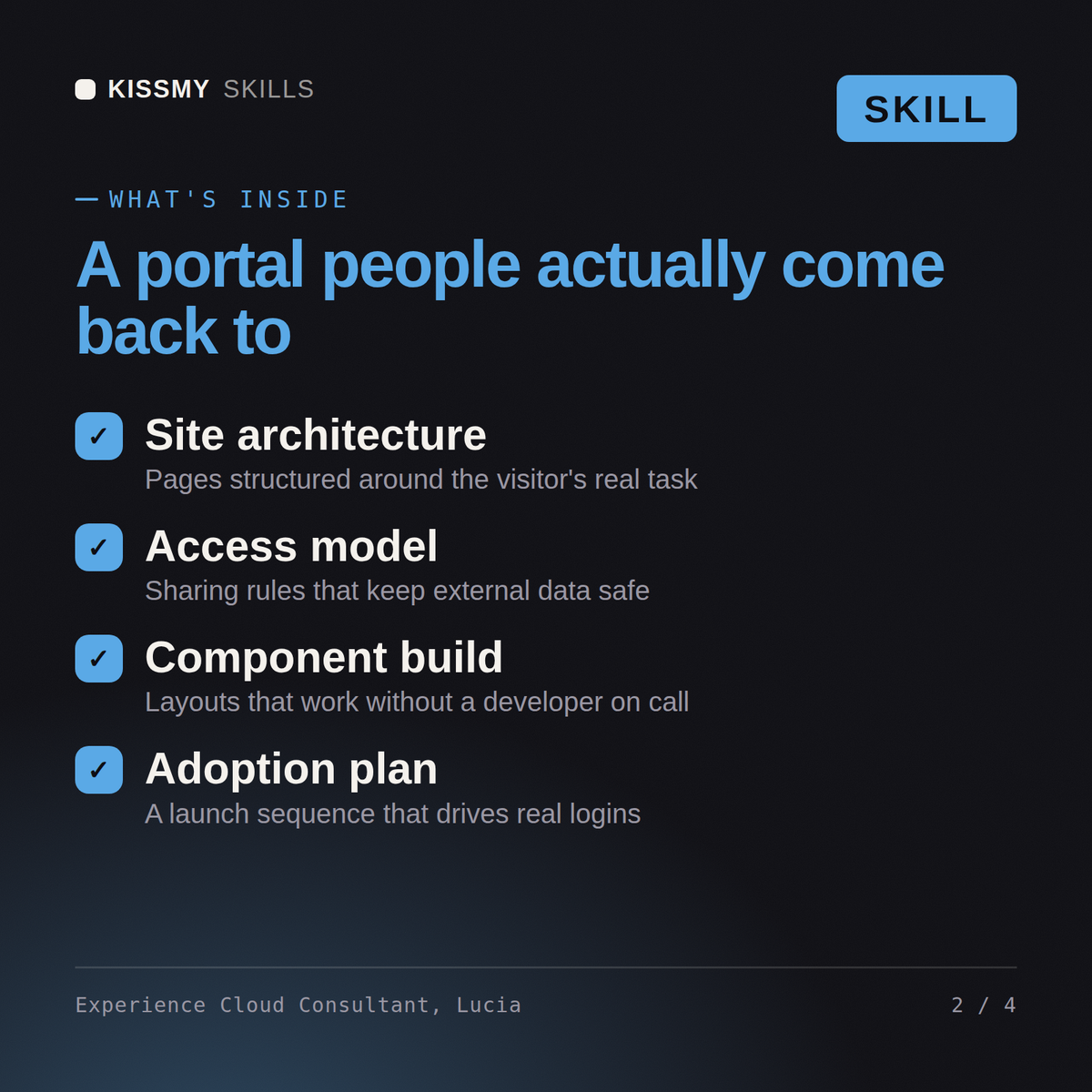 What's inside the Experience Cloud Consultant, Lucia AI skill: Site architecture, Access model, Component build, Adoption plan