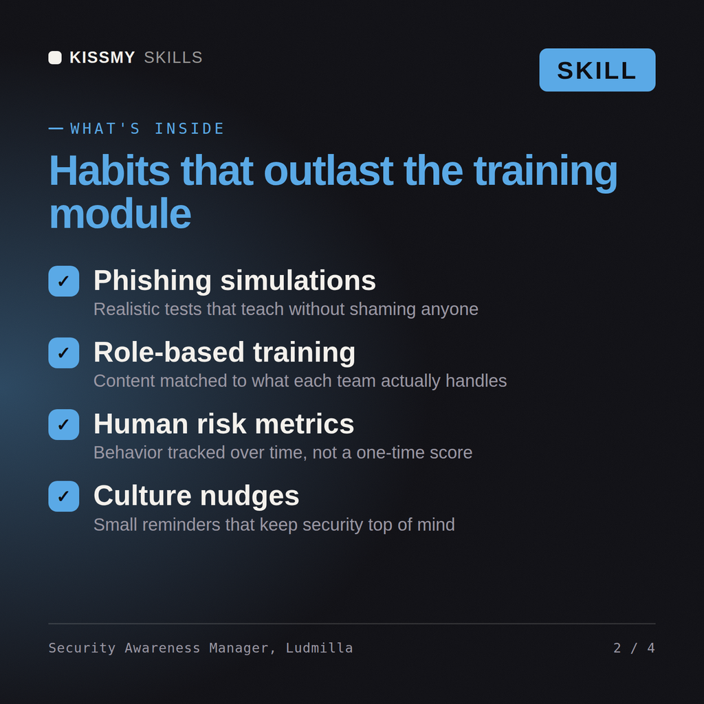 What's inside the Security Awareness Manager, Ludmilla AI skill: Phishing simulations, Role-based training, Human risk metrics, Culture nudges