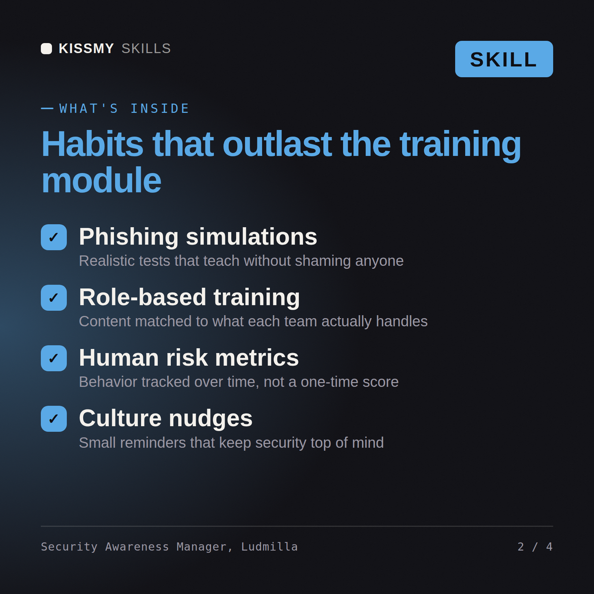 What's inside the Security Awareness Manager, Ludmilla AI skill: Phishing simulations, Role-based training, Human risk metrics, Culture nudges