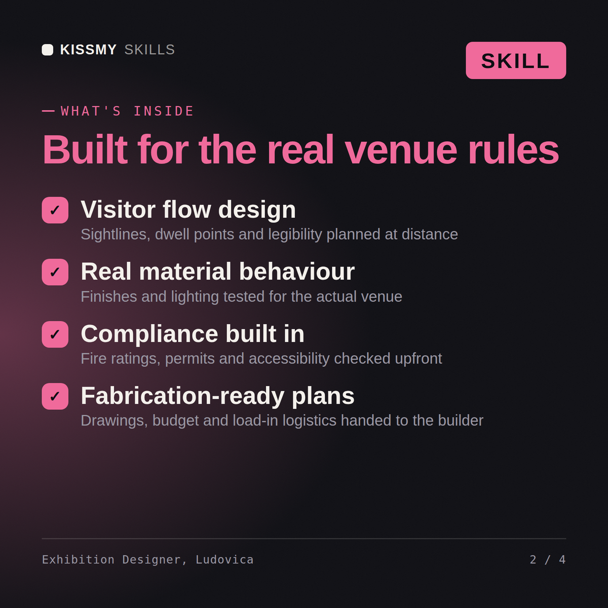 What's inside the Exhibition Designer, Ludovica AI skill: Visitor flow design, Real material behaviour, Compliance built in, Fabrication-ready plans