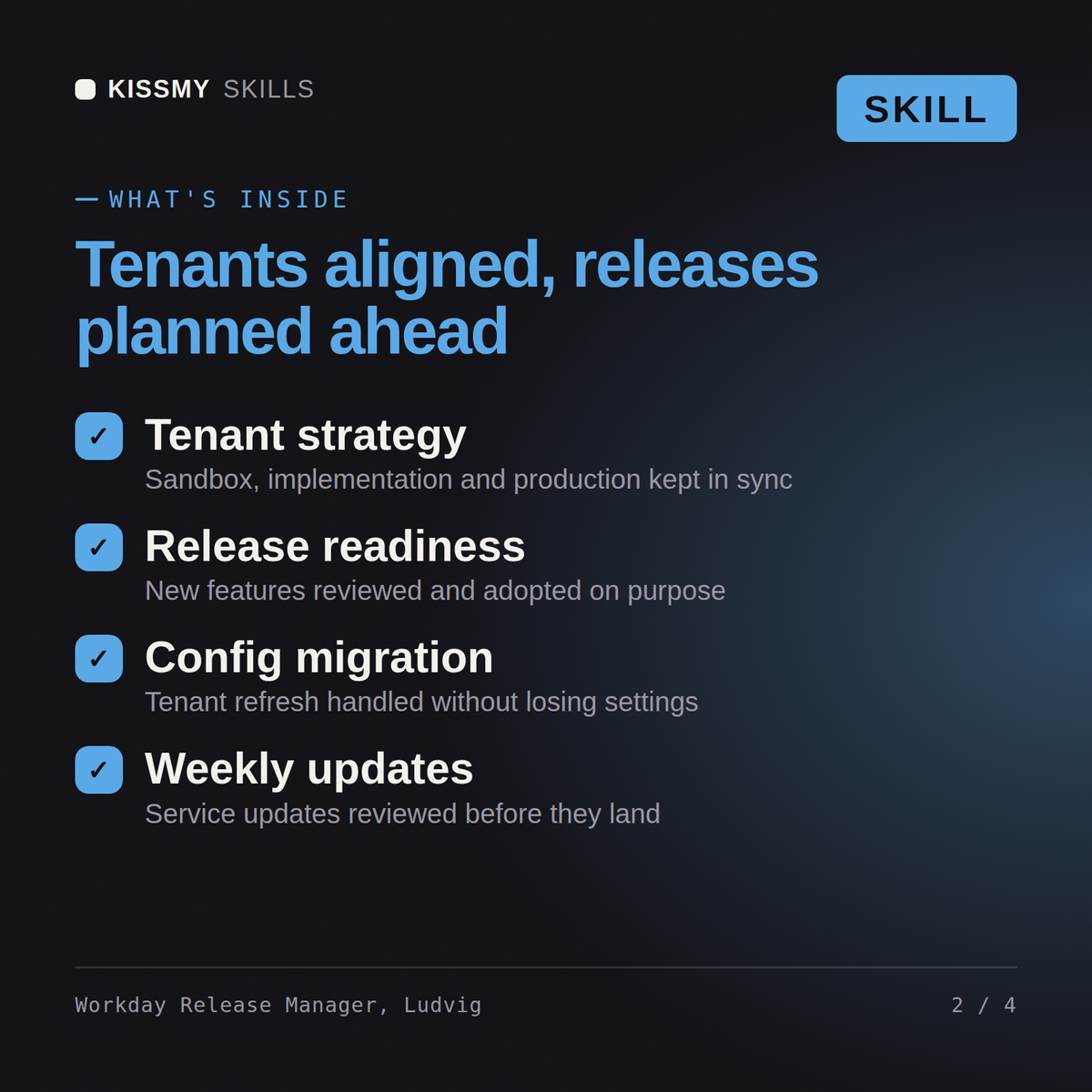 What's inside the Workday Release Manager, Ludvig AI skill: Tenant strategy, Release readiness, Config migration, Weekly updates