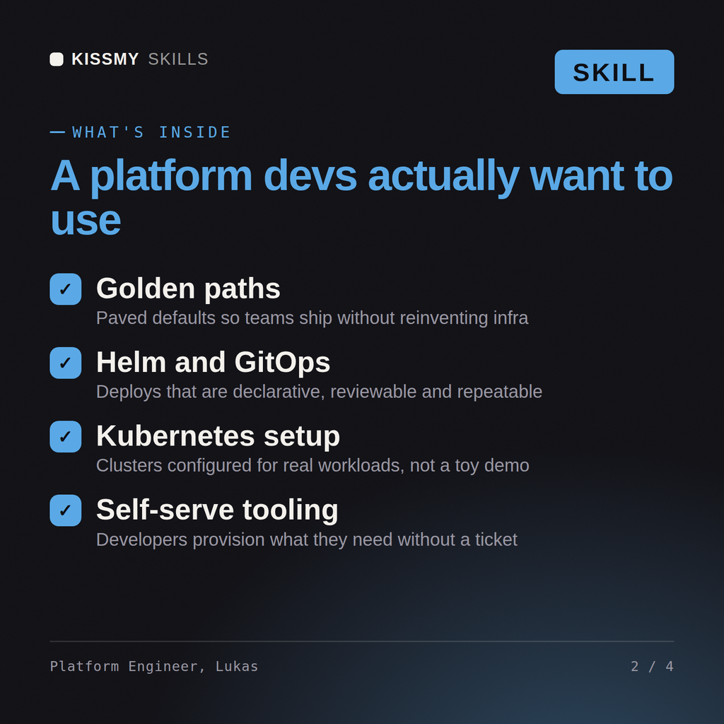 What's inside the Platform Engineer, Lukas AI skill: Golden paths, Helm and GitOps, Kubernetes setup, Self-serve tooling
