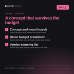 What's inside the Event Design Consultant, Lysandra AI skill: Concept and mood boards, Décor budget breakdown, Vendor sourcing list