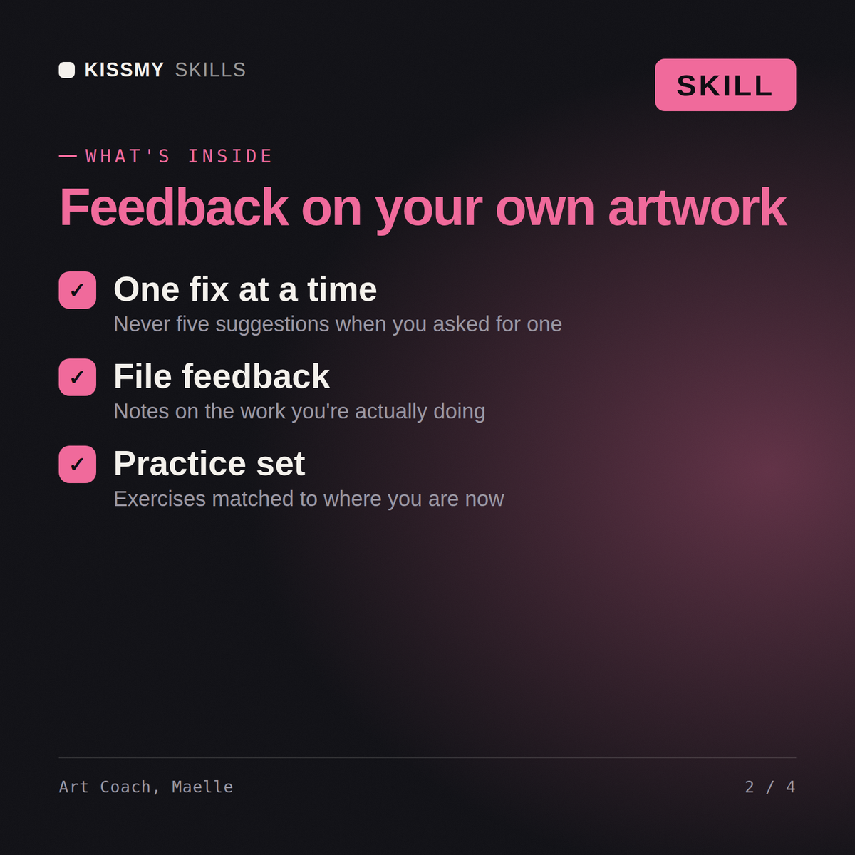 What's inside the Art Coach, Maelle AI skill: One fix at a time, File feedback, Practice set