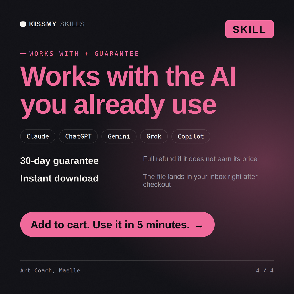 The Art Coach, Maelle AI skill works with Claude, ChatGPT, Gemini and any AI chat, 30-day money-back guarantee