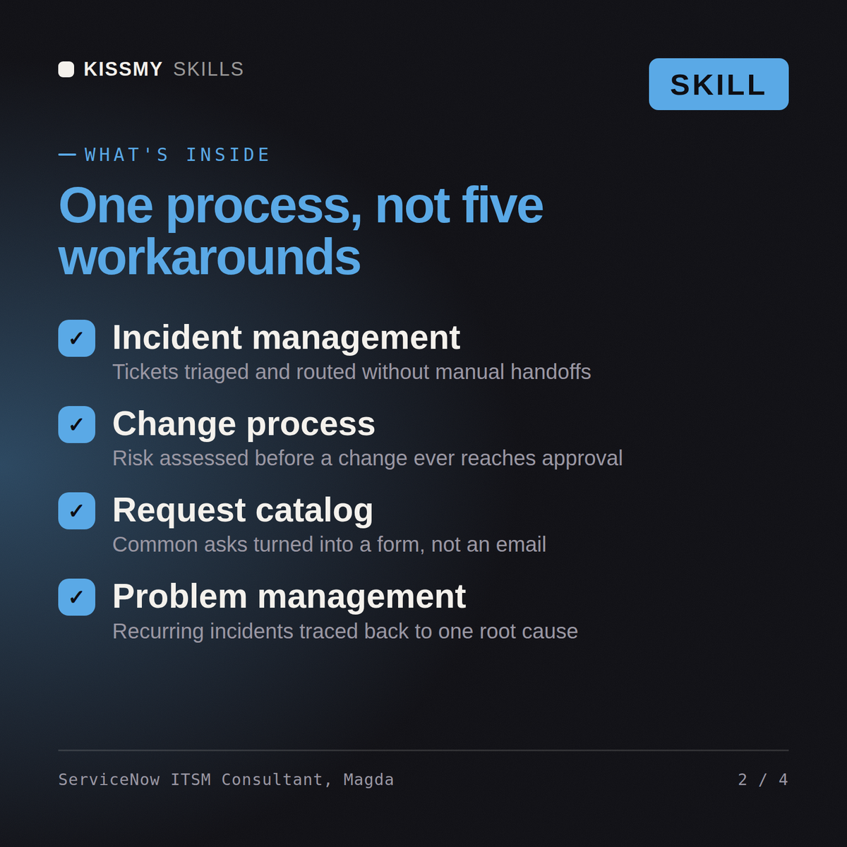What's inside the ServiceNow ITSM Consultant, Magda AI skill: Incident management, Change process, Request catalog, Problem management