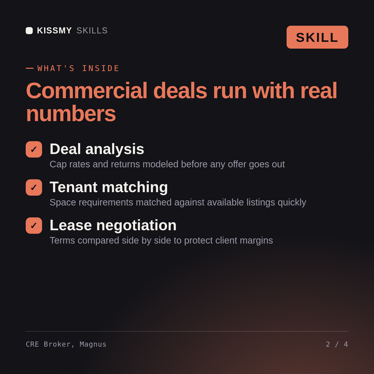 What's inside the CRE Broker, Magnus AI skill: Deal analysis, Tenant matching, Lease negotiation