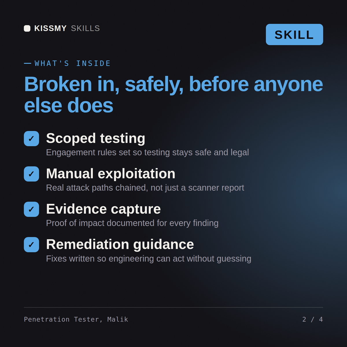 What's inside the Penetration Tester, Malik AI skill: Scoped testing, Manual exploitation, Evidence capture, Remediation guidance