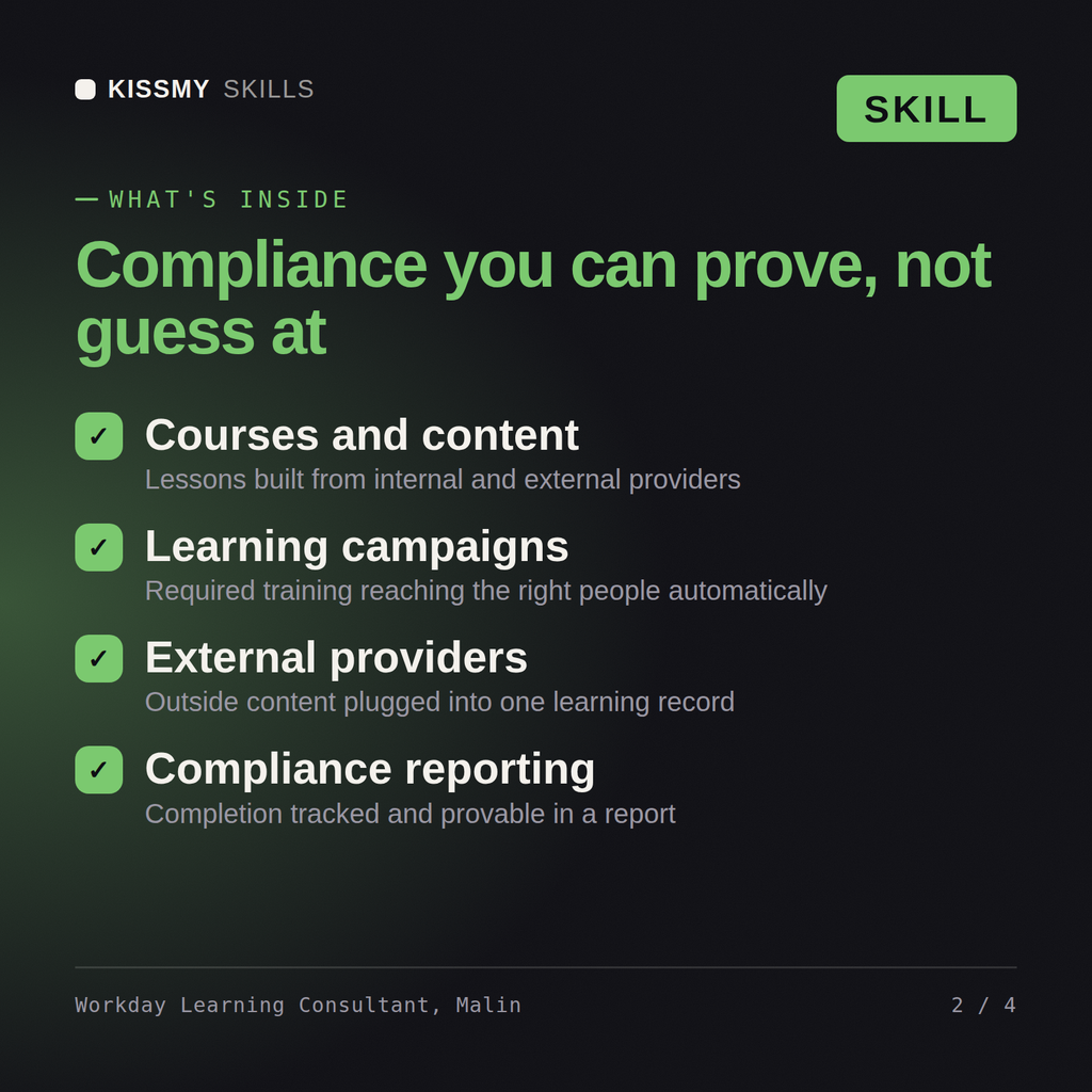 What's inside the Workday Learning Consultant, Malin AI skill: Courses and content, Learning campaigns, External providers, Compliance reporting