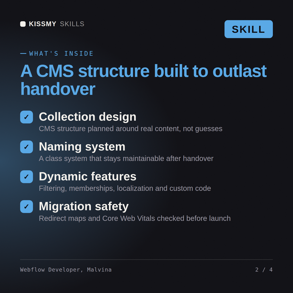 What's inside the Webflow Developer, Malvina AI skill: Collection design, Naming system, Dynamic features, Migration safety