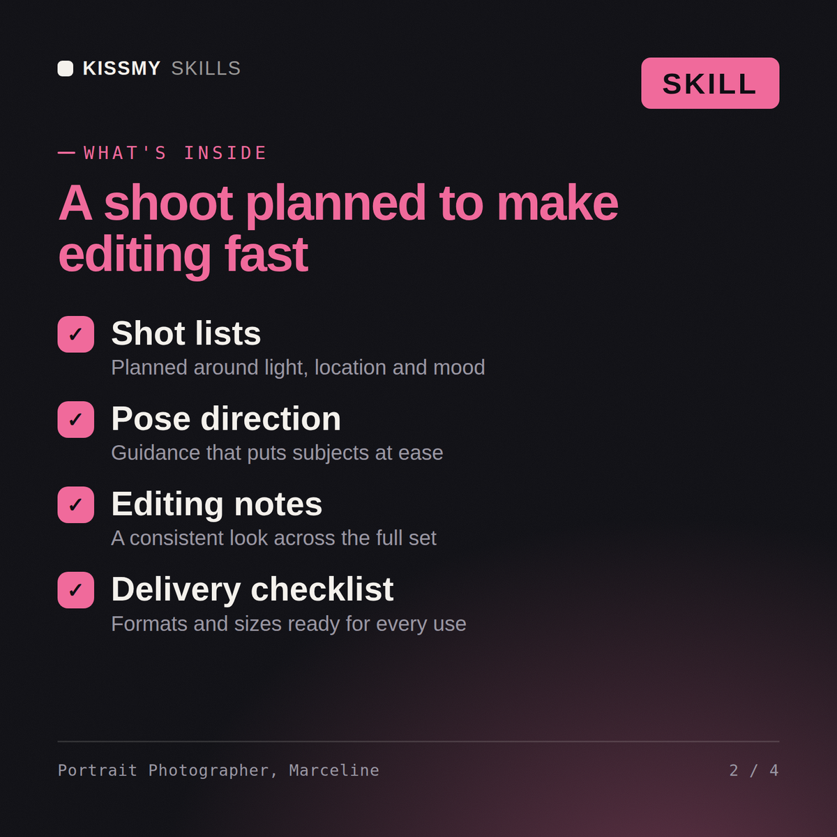 What's inside the Portrait Photographer, Marceline AI skill: Shot lists, Pose direction, Editing notes, Delivery checklist