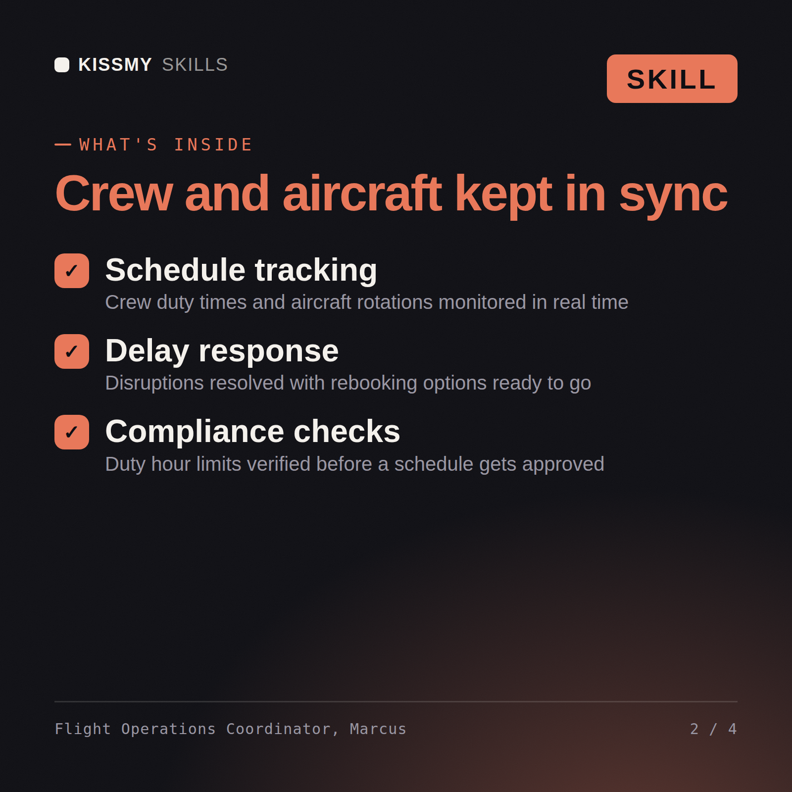 What's inside the Flight Operations Coordinator, Marcus AI skill: Schedule tracking, Delay response, Compliance checks