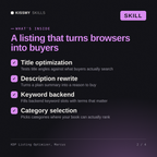 What's inside the KDP Listing Optimizer, Marcus AI skill: Title optimization, Description rewrite, Keyword backend, Category selection