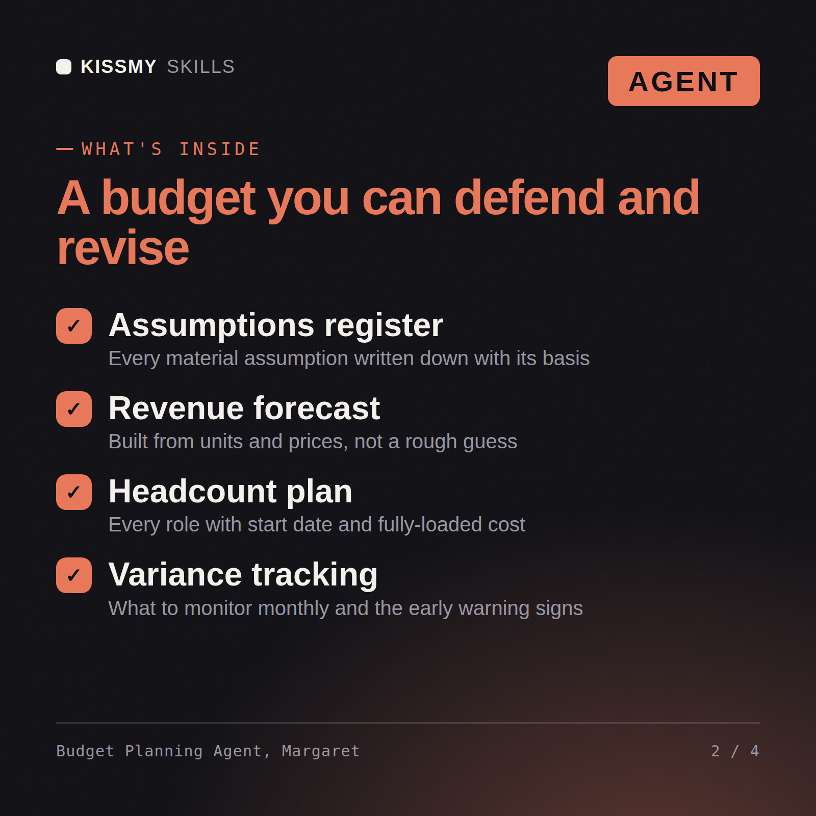 What's inside the Budget Planning Agent, Margaret AI agent: Assumptions register, Revenue forecast, Headcount plan, Variance tracking