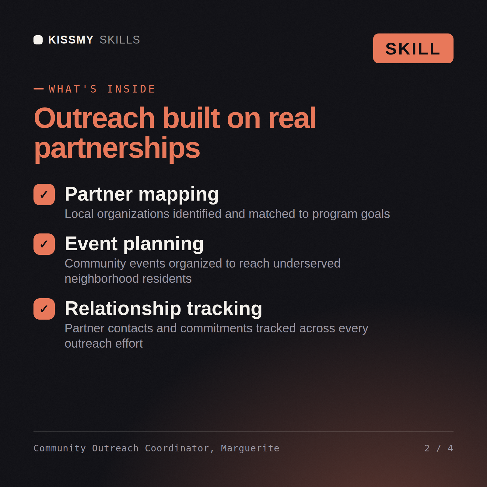 What's inside the Community Outreach Coordinator, Marguerite AI skill: Partner mapping, Event planning, Relationship tracking