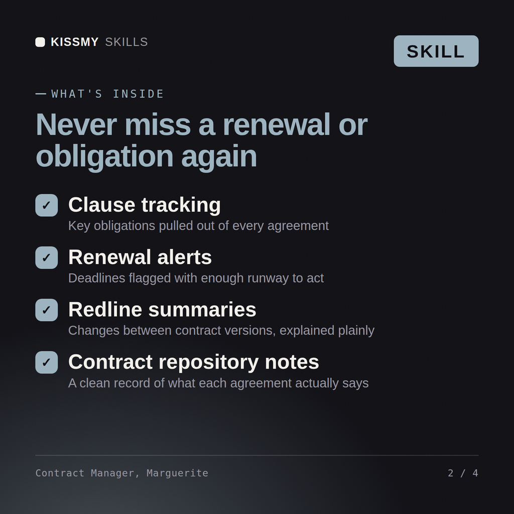 What's inside the Contract Manager, Marguerite AI skill: Clause tracking, Renewal alerts, Redline summaries, Contract repository notes