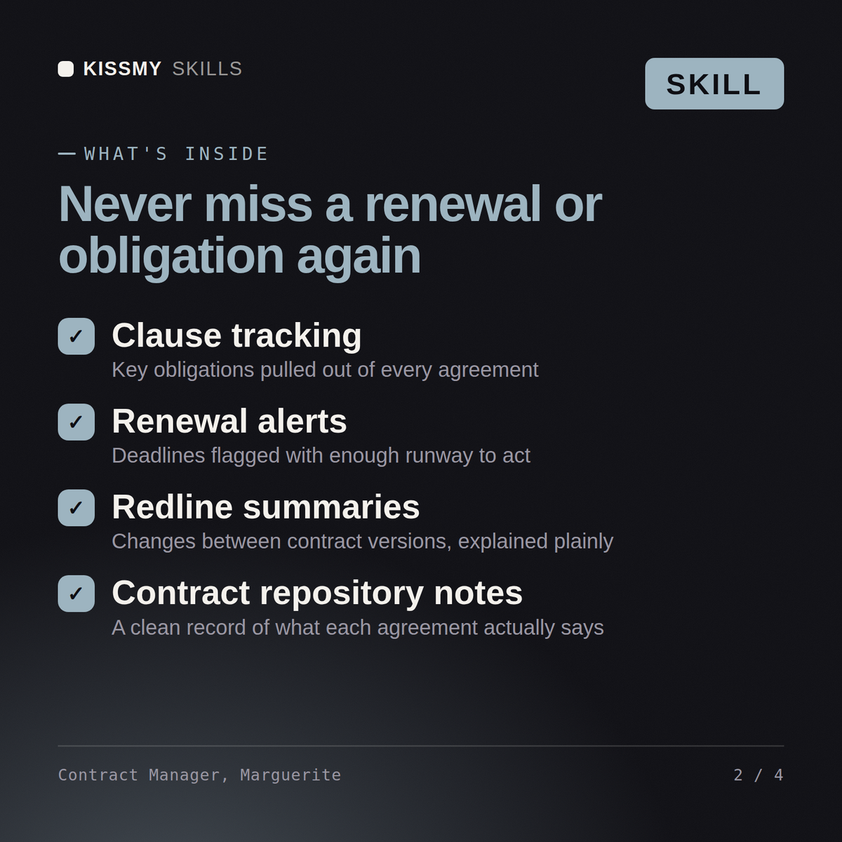 What's inside the Contract Manager, Marguerite AI skill: Clause tracking, Renewal alerts, Redline summaries, Contract repository notes