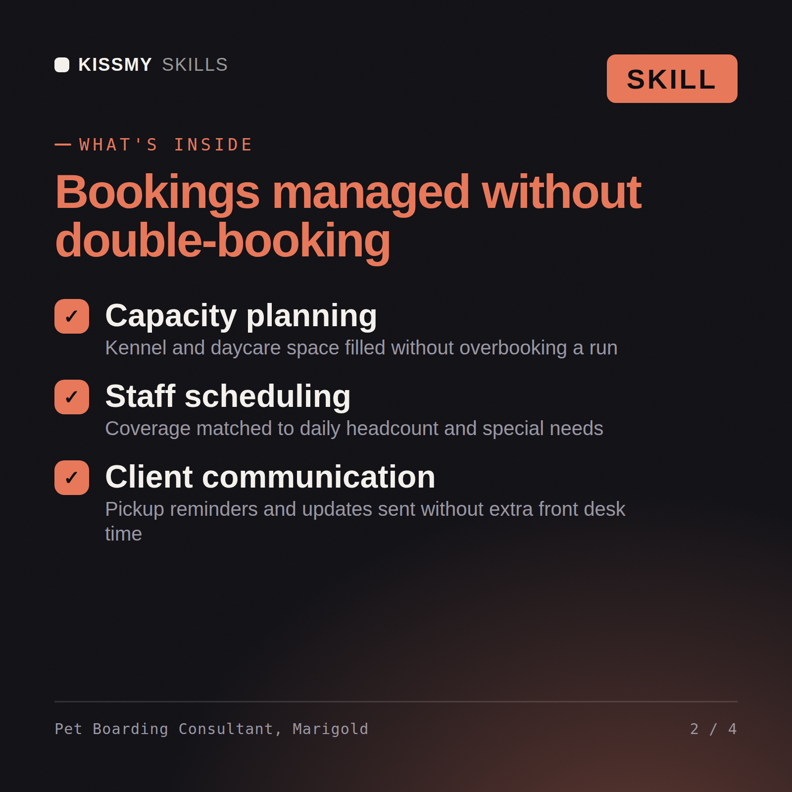 What's inside the Pet Boarding Consultant, Marigold AI skill: Capacity planning, Staff scheduling, Client communication