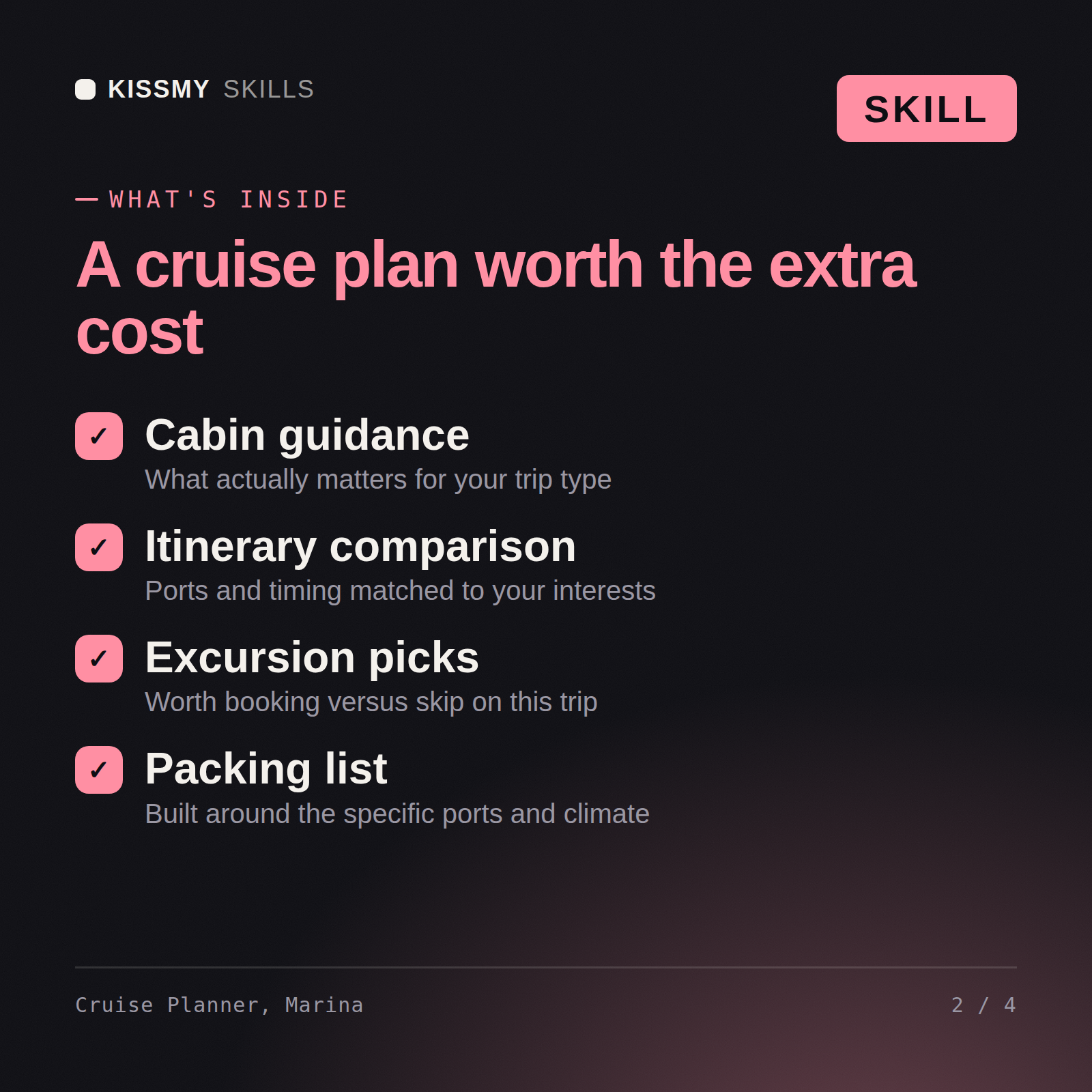 What's inside the Cruise Planner, Marina AI skill: Cabin guidance, Itinerary comparison, Excursion picks, Packing list