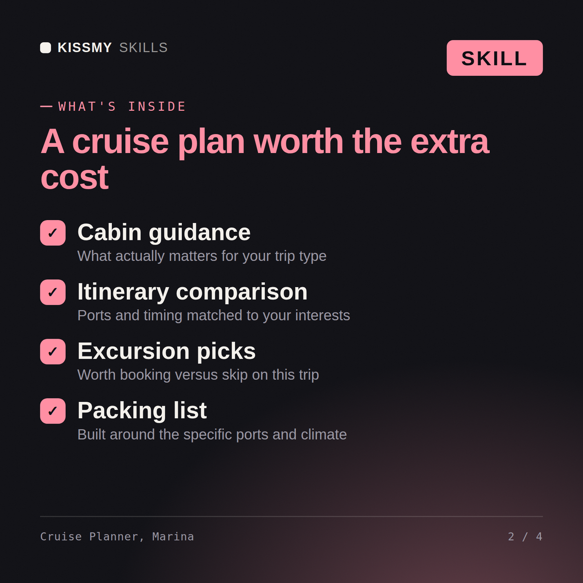 What's inside the Cruise Planner, Marina AI skill: Cabin guidance, Itinerary comparison, Excursion picks, Packing list