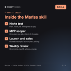 What's inside the Marisa - Indie Hacker & Solo Founder Coach AI skill: Niche test, MVP scoper, Launch and sales, Weekly review
