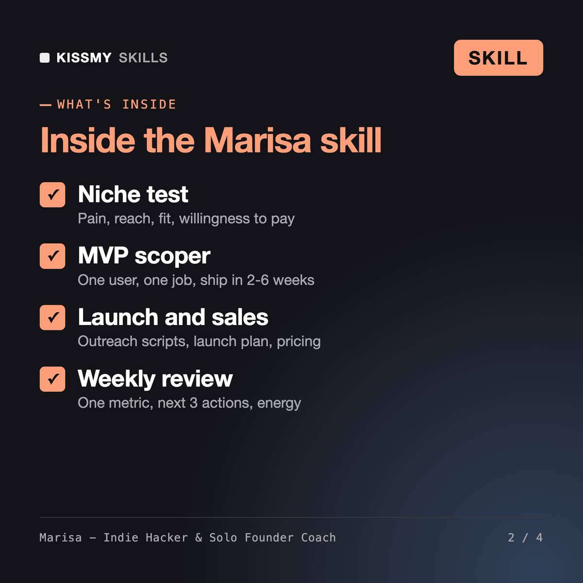What's inside the Marisa - Indie Hacker & Solo Founder Coach AI skill: Niche test, MVP scoper, Launch and sales, Weekly review