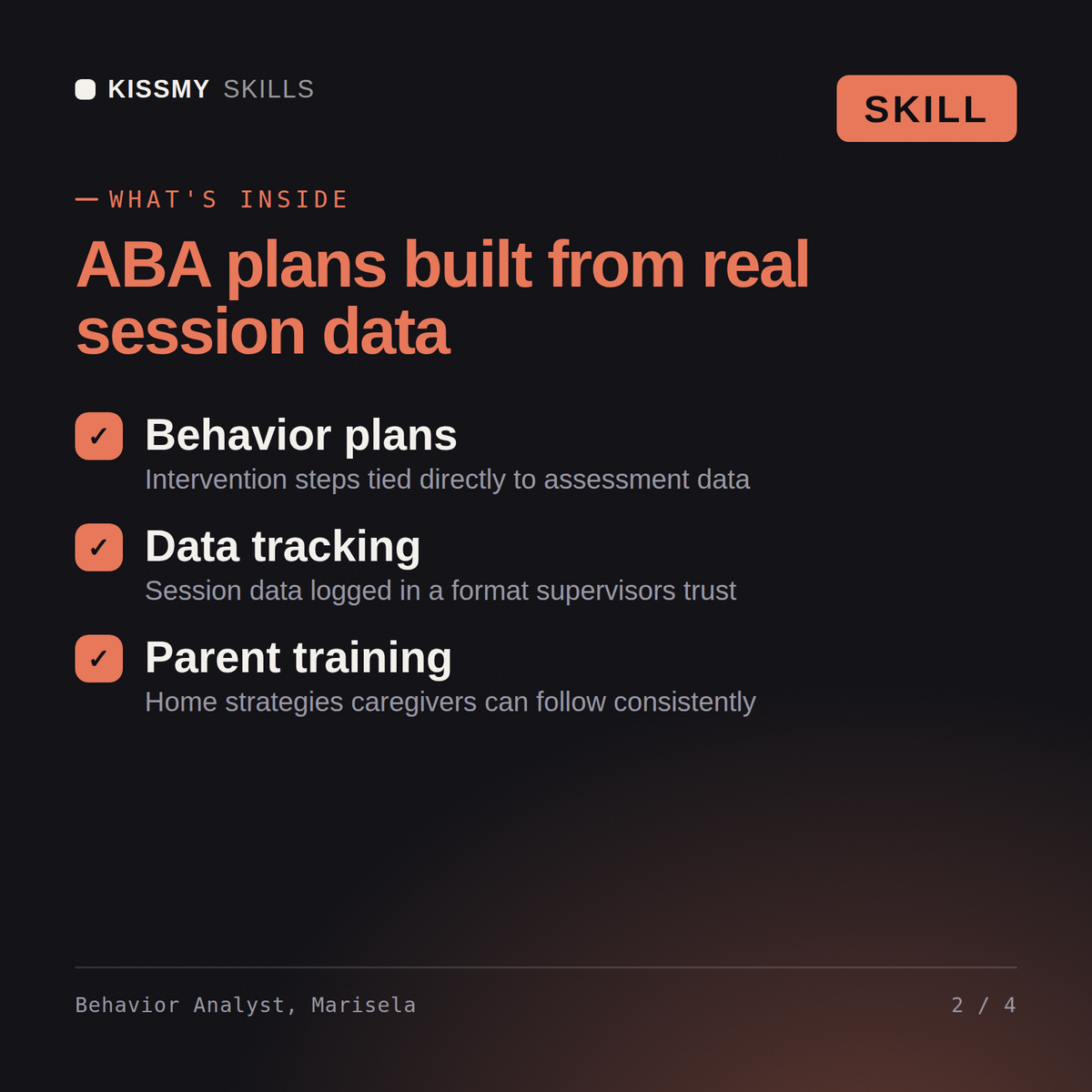 What's inside the Behavior Analyst, Marisela AI skill: Behavior plans, Data tracking, Parent training