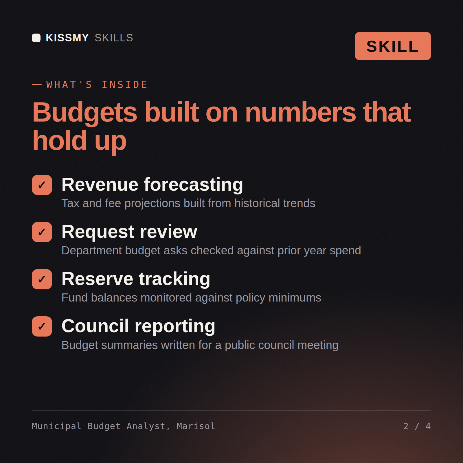 What's inside the Municipal Budget Analyst, Marisol AI skill: Revenue forecasting, Request review, Reserve tracking, Council reporting