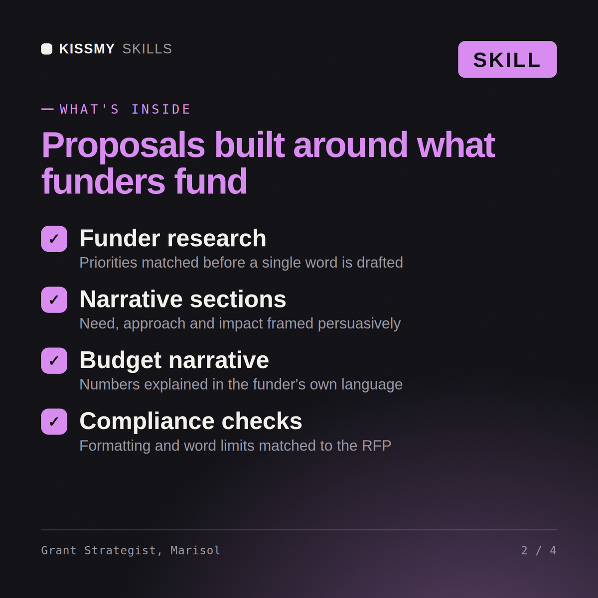 What's inside the Grant Strategist, Marisol AI skill: Funder research, Narrative sections, Budget narrative, Compliance checks