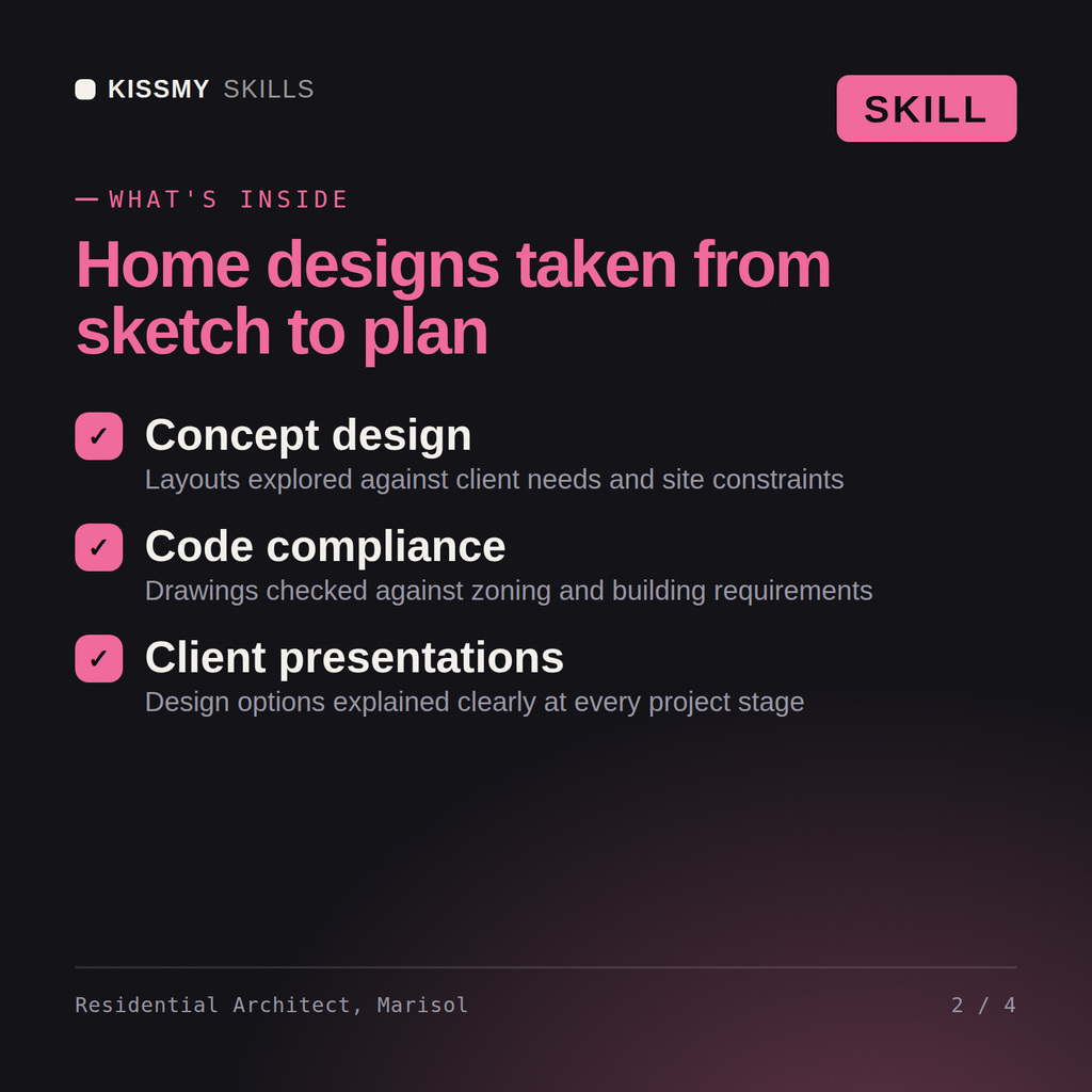 What's inside the Residential Architect, Marisol AI skill: Concept design, Code compliance, Client presentations