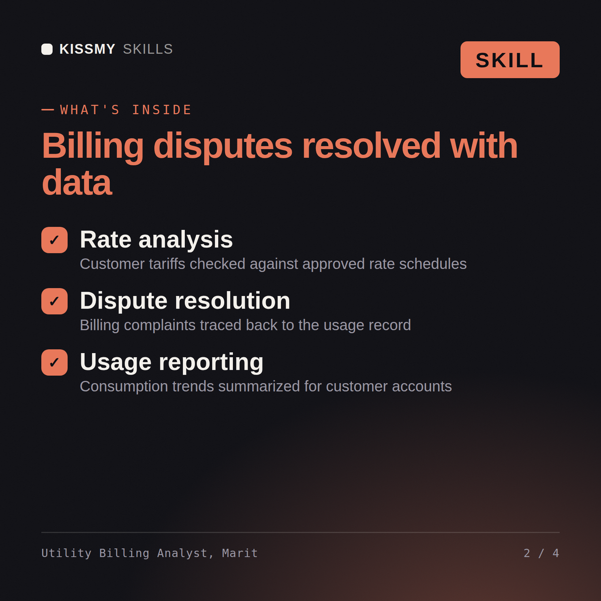 What's inside the Utility Billing Analyst, Marit AI skill: Rate analysis, Dispute resolution, Usage reporting