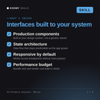 What's inside the Performance Engineer, Marius AI skill: Production components, State architecture, Responsive by default, Performance budget