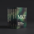Marketing Agent Bundle by KissMySkills, hardcover volumes titled Marketing Strategy, Email Marketing, Ad Copy, Social Media and SEO Content