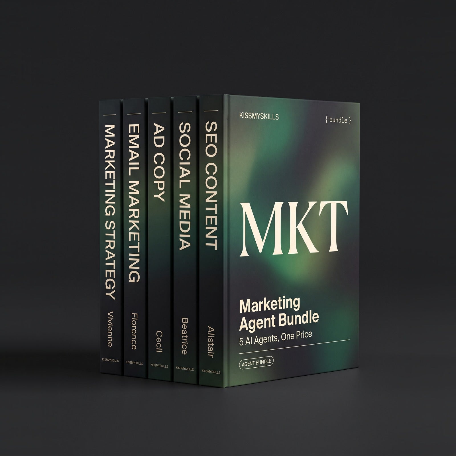 Marketing Agent Bundle by KissMySkills, hardcover volumes titled Marketing Strategy, Email Marketing, Ad Copy, Social Media and SEO Content