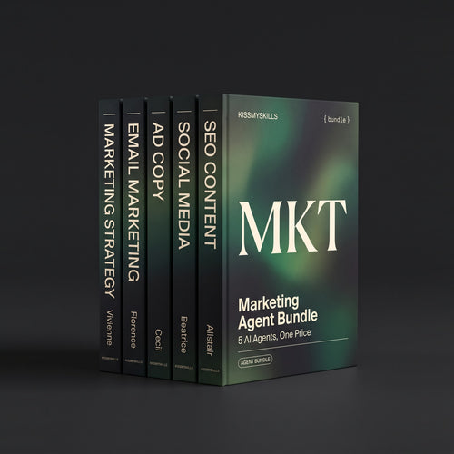 Marketing Agent Bundle by KissMySkills, hardcover volumes titled Marketing Strategy, Email Marketing, Ad Copy, Social Media and SEO Content