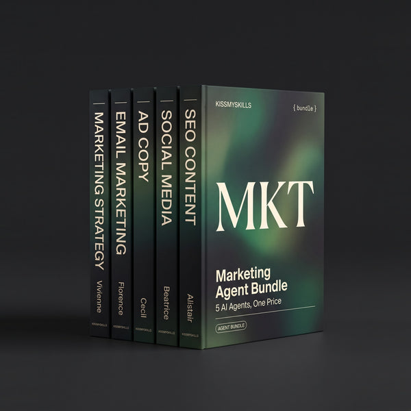 Marketing Agent Bundle by KissMySkills, hardcover volumes titled Marketing Strategy, Email Marketing, Ad Copy, Social Media and SEO Content