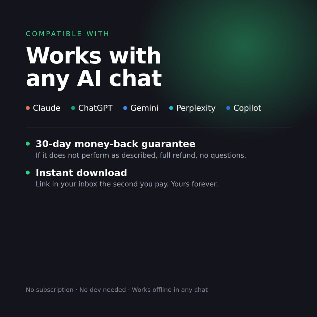 Works with any AI chat, 30-day money-back guarantee, instant download