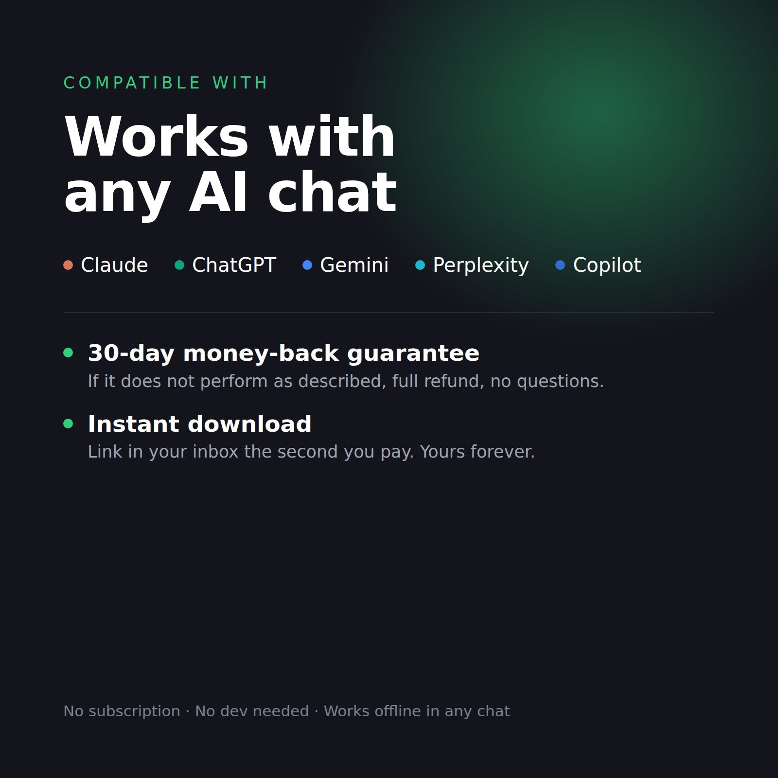 Works with any AI chat, 30-day money-back guarantee, instant download